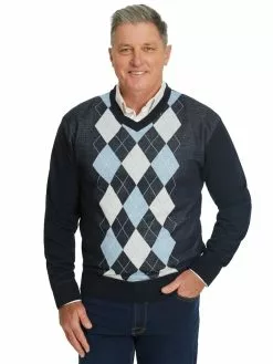 Knitwear Elliotts Navy V-Neck Argyle Knit Pullover