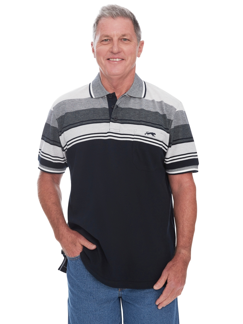 Polos Cougars Navy & Grey Stripe Birdseye Knit Polo 3 Polos Cougars Navy & Grey Stripe Birdseye Knit Polo