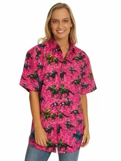 Tops Lowes Unisex Pink Racing Print Hawaiian Shirt