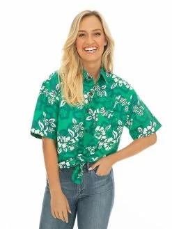 Tops Lowes Unisex Green Hibiscus Hawaiian Print Shirt