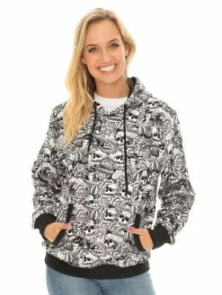 Tops Prodigy Black & White Skull Print Pull Over Unisex Hoodie