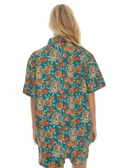Tops Lowes Short Sleeve Print Shirt Teal Floral Skull -Traders Country Sales 58426 b lowes
