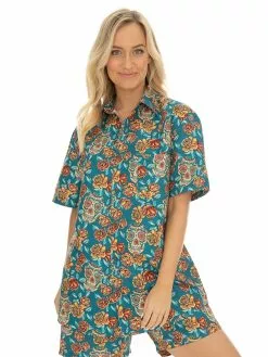 Tops Lowes Short Sleeve Print Shirt Teal Floral Skull