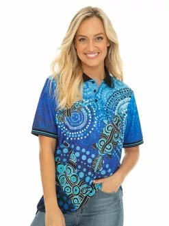 Tops Gwiyaala Aboriginal Art T Shirt Frog Lizard Platupus Blue