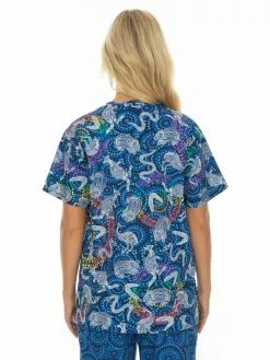 Womens Work Wear Gwiyaala Aboriginal Art Unisex Hospital Scrubs Top Blue -Traders Country Sales 60193 b