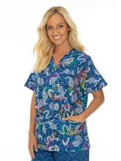 Traders Country Sales 31 Womens Work Wear Gwiyaala Aboriginal Art Unisex Hospital Scrubs Top Blue