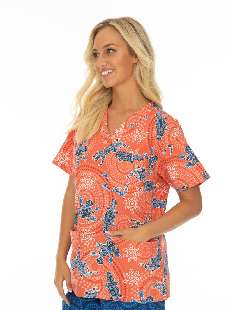 Tops Gwiyaala Aboriginal Art Unisex Hospital Scrubs Top Orange 4 Tops Gwiyaala Aboriginal Art Unisex Hospital Scrubs Top Orange - Image 2